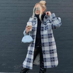H&M Long Shirt Jacket Shacket Coat  Blue Plaid